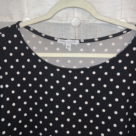 Green Envelope Blouse, 1X, Black & White Polka Dot, 3/4 Ruffle trim sleeves. - Picture 3 of 5